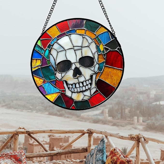 Stained Glass Window Hanging Halloween Horror White Skull Large 15" - Suncatcher Door Garden Kitchen Sun Catcher Home Gothic Decor Birthday for Mom Men Woman Friend Grandma