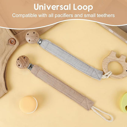 TYRY.HU Ribbon Pacifier Clip Holder,2 Pack Binky Paci Holder Clips, Pacifier Leash for Baby Boys and Girls, Soft Webbing Strap Universal Fits for Most Pacifier, Styles & Teethers Toys(Khaki,Grey)
