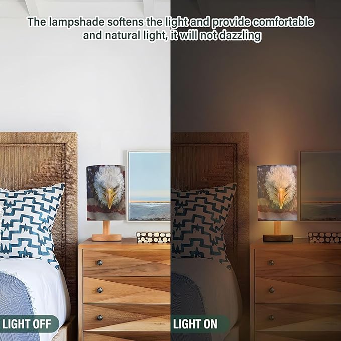 Table Lamp American Bald Eagle on USA Flag Nightstand Lamp with Wood Base Fabric Lamp Shade Bedside Desk Lamp for Living Room Bedroom Kids Room Office
