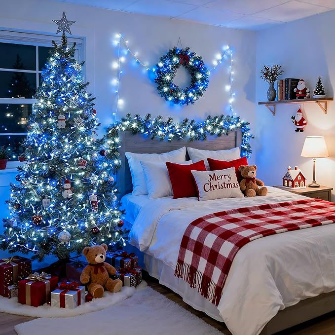 JMEXSUSS Blue and White Christmas Lights Outdoor with Remote, 168ft 600 LED String Lights Indoor Clear Wire Fairy Light Plug in for Bedroom Tree Birthday Party Xmas Decorations