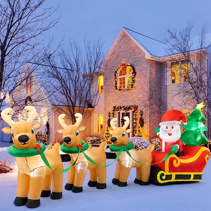 Sizonjoy Outdoor Christmas Inflatables Decorations,13 FT Lighted Christmas Inflatables Santa Claus on Sleigh with 3 Reindeer & Christmas Tree for Indoor Outdoor Home Holiday Yard Decorations