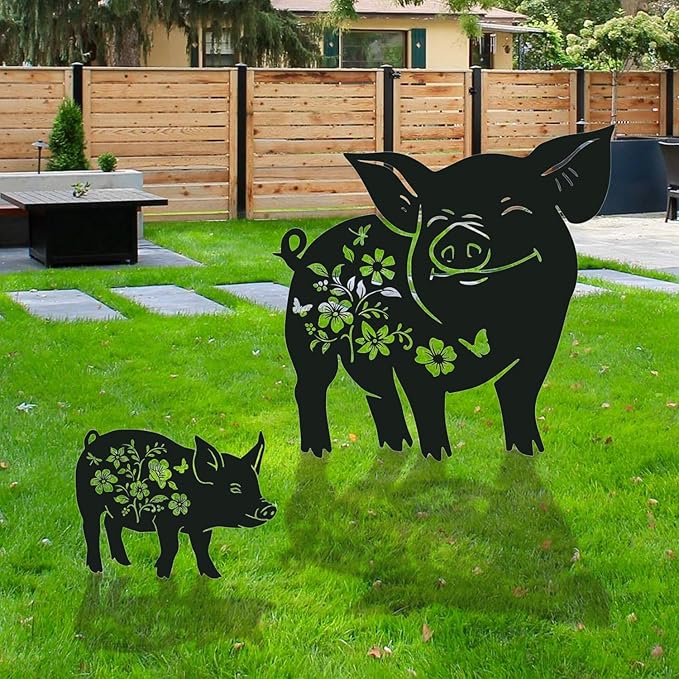 Pig Metal Garden Stakes Yard Decor, 2PCS Black Pig Silhouette Statues Garden Decorative Gifts for Yard Art, Patio, Outside, Lawn Ornaments, Outdoor Yard Art