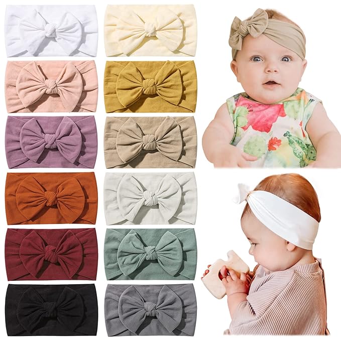 jollybows 12pcs Baby Nylon Headbands With Bow Elastic Hairband For Girls Newborn Infant Toddlers Kids Hair Accessories