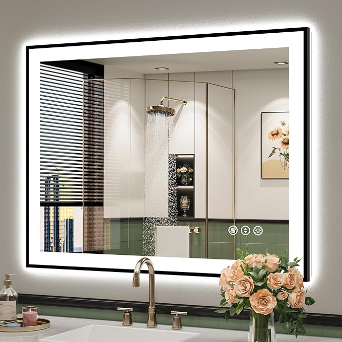 40x30 Inch LED Bathroom Mirror with Lights (Front Lit and Backlit) Black Framed Lighted Vanity Mirror for Bathroom Wall Dimmable Anti-Fog Memory Tempered Glass Horizontal/Vertical