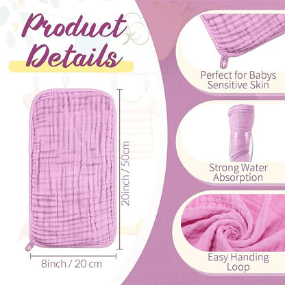 VitalCozy 6 Pcs Baby Muslin Hooded Bath Towels and Washcloths, Muslin Hooded Baby Towels Absorbent Blankets for Gift Newborn Infant Shower (White,Pink)