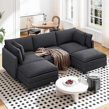 Vesgantti 109" U Shaped Cloud Sectional Sofa, Comfy Corduroy Upholstered Sectional Modular Sofas for Living Room, Modern Modular Couch with 2 Ottoman Deep Seat, Dark Grey