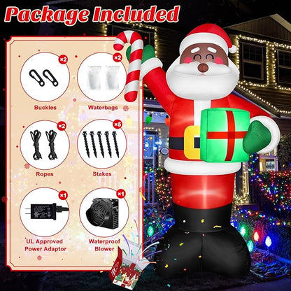 8 FT Tall Giant Black Santa Inflatable Christmas Decorations Outdoor Candy Cane & Gift Box, Build in LED Lights Funny Merry Xmas Blow Ups Yard Decoration for Outside Holiday Winter Indoor Patio Lawn