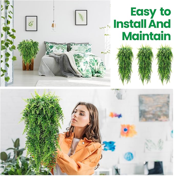 Geosar 64 Pcs Artificial Hanging Plants 32 Inch Hanging Boston Ferns Plastic Fake Plants for Wall Room Garden Wedding Garland Indoor Outdoor Decoration, No Basket