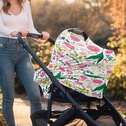 Biyejit Pink Floral Car Seat Covers for Babies, Multi-Use Cover-Silky Mom Nursing Cover Infant Breastfeeding Scarf Shopping Cart High Chair Ultra-Soft Stretchy for Boys and Girls
