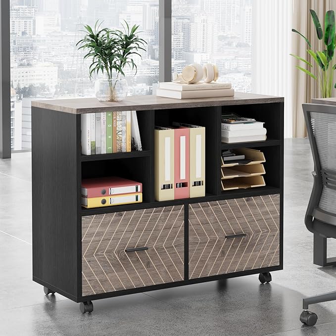 Tribesigns 2-Drawer Wood File Cabinet, Mobile Lateral Filing Cabinet for Hanging Letter Size Files, Printer Stand with Open Storage Shelves for Home Office (Gray & Black)