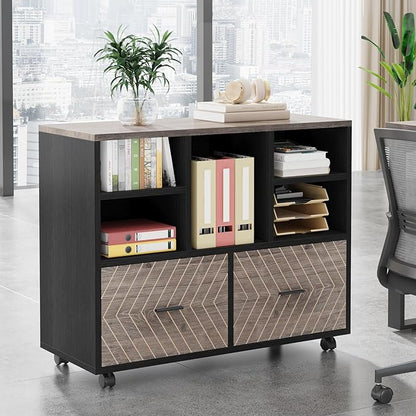 Tribesigns 2-Drawer Wood File Cabinet, Mobile Lateral Filing Cabinet for Hanging Letter Size Files, Printer Stand with Open Storage Shelves for Home Office (Gray & Black)