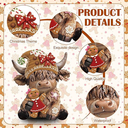 Karenhi 2 Pcs Highland Cow Figurines Christmas Gingerbread Man Highland Cow Gnomes Scottish Resin Statue Calf Lovers Gifts for Xmas Home Garden Kitchen Office Tiered Tray Table Decor