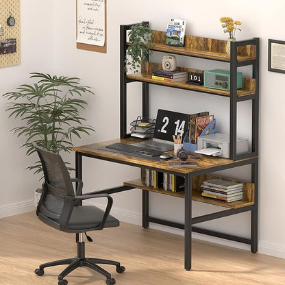 Aquzee Computer Desk with Hutch, 47“W x 23.6" D Desk with Shelves, Tall Home Office Desk with Bookshelf, Metal Legs Study Table with Upper Storage Shelf for Study Writing/Workstation