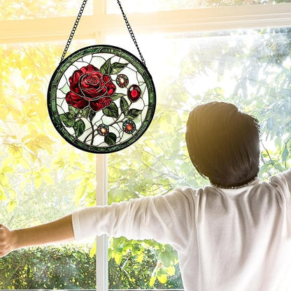 Stained Glass Window Hanging, Red Rose Gemstone Green Sun Catchers Diamond Glass Panel Hangings Suncatcher Decor for Birthday for Women, Men, Wife, Aunt, and Mom 7.8 in