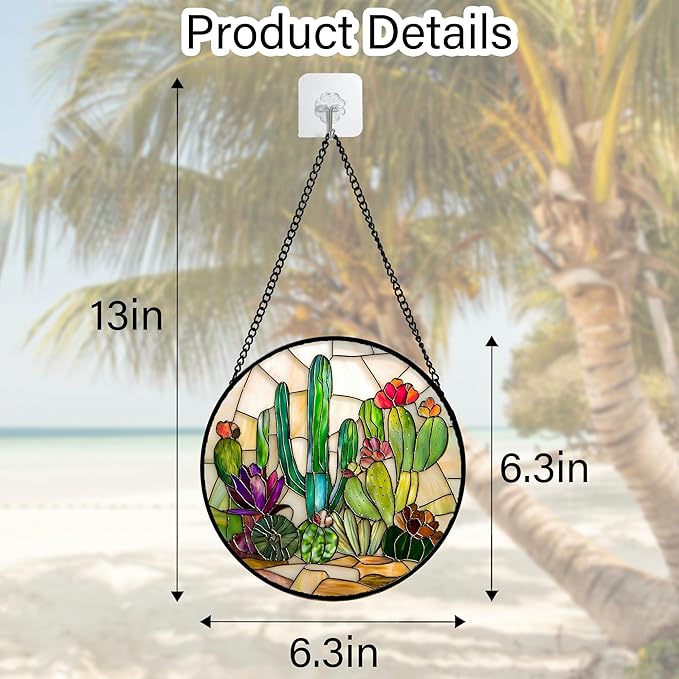 Stained Glass Window Hanging, White Green Cactus Suncatcher Diamond Glass Panel Hangings Sun Catchers Decor for Birthday for Women, Men, Wife, Aunt, and Mom 6.3 in