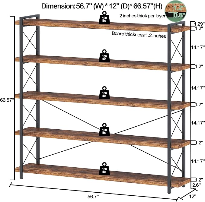 HCHQHS Large Bookshelf, 5-Tier Long Industrial Bookcase, Rustic Brown Book Shelf, Freestanding Horizontal Bookshelves with Metal Frame