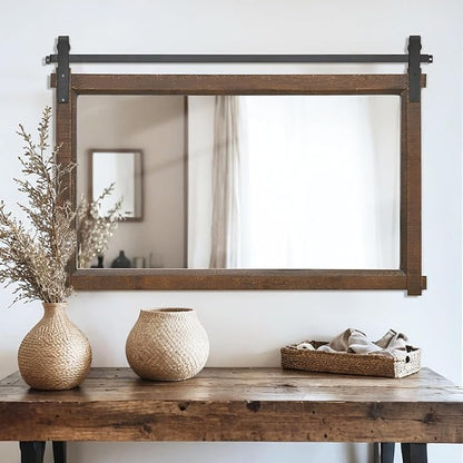 Bathroom Barn Door Mirror: 42"x28" Brown Farmhouse Wood Frame - Rustic Wall Mirror for Entryway/Living Room Wall Decor