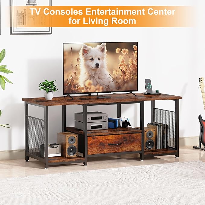 TV Stand with Drawers and Power Outlet for 65 60 55 Inch TV, Entertainment Center with Open Storage Shelves, Industrial Media TV Console Table for Living Room Bedroom Office, Rustic Brown