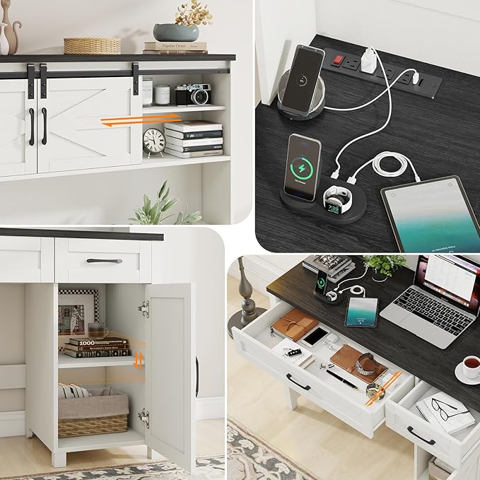 Farmhouse 47" Executive Desk, Computer Desk with Drawers and Storage Cabinet, Home Office Desks with Hutch and Charging Station, Workspace for Work & Study (Black).