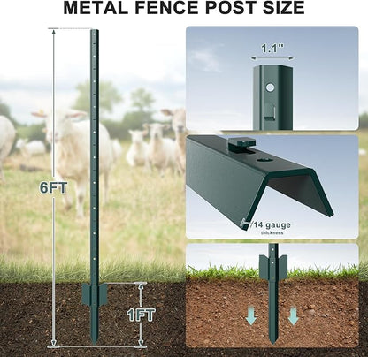 10 Pack Metal Fence Post, 6 Feet Heavy Duty Garden with U-Post, No Dig Garden Fence Stakes for Temporary Fencing, Corner Anchor