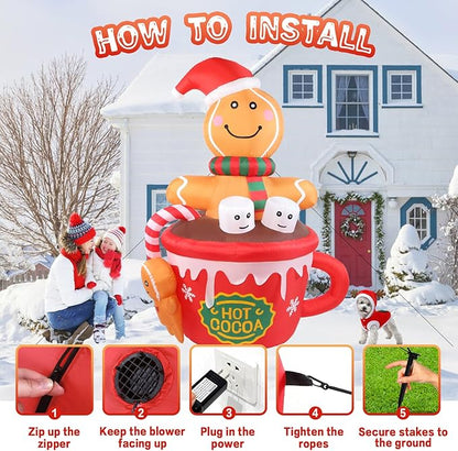 Gardentime 6FT Christmas Gingerbread Man Inflatables Outdoor Decoration Hot Cocoa Cup Cute Giant Xmas Blowups with Built-in LED Lights for Holiday Indoor Yard Lawn Garden Outside Home Décor