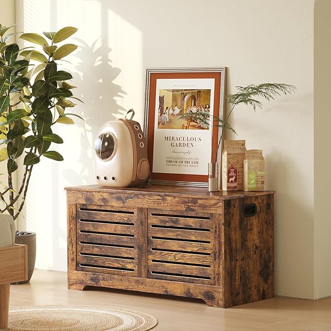 DINZI LVJ Storage Chest, Flip-Top Wooden Toy Box with 2 Safety Hinges, Retro Entryway Shoe Bench, Sturdy Large Storage Trunk for Living Room, Bedroom, Toddler Room, Easy Assembly, Rustic Brown