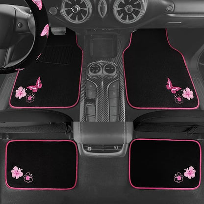 CAR PASS Embroidery Butterfly Steering Wheel Cover and Waterproof Car Floor Mats,Pink Car Mats 14.5-15inch Steering Wheel Covers Universal Fit for Cars, Suvs,Sedans,Van,for Women Girl(Black and Pink)