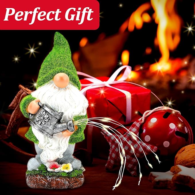 Flocked Solar Garden Gnomes Outdoor Statues-11.8‘’Outdoor Garden Decor-LED Outdoor Decor Light-Unique Housewarming Gifts Yard Art Sculptures for Patio Lawn Ornaments