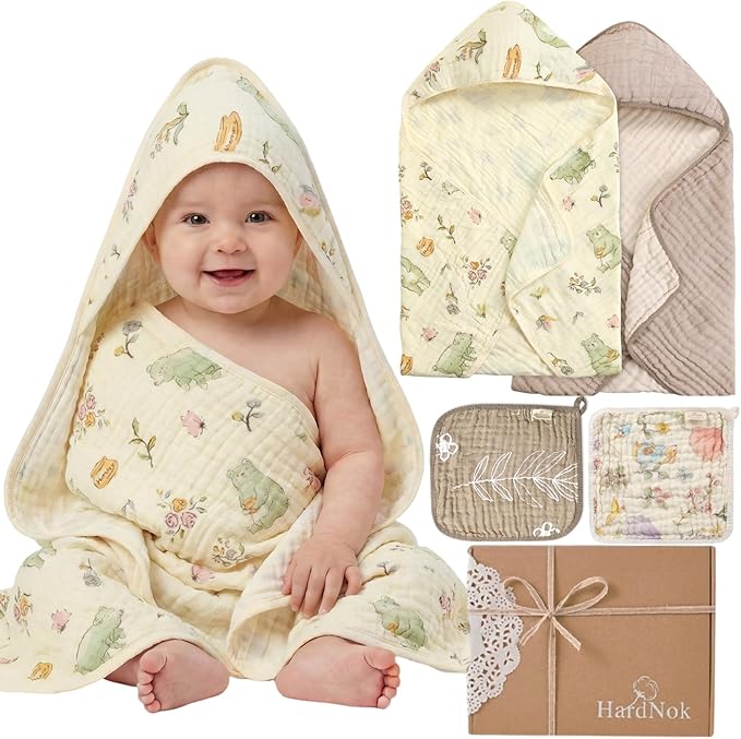 4-Piece Muslin Baby Towel Set - Made with Organic Cotton, (2) 6-Layer 32x32 Towels & (2) Washcloths, Bath, Beach & Pool Gift Set (Nature Garden & Classic Coffee)