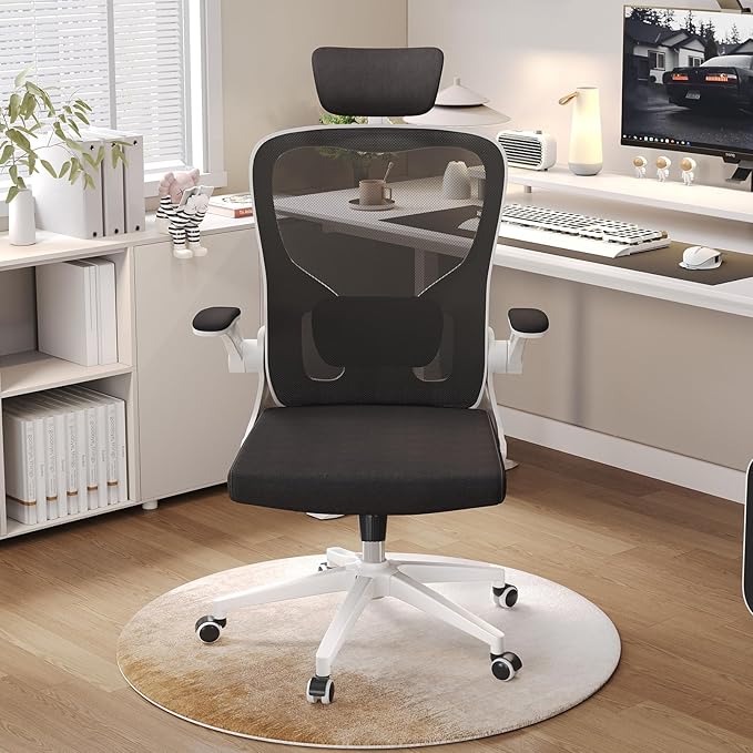 Ergonomic Office Chair, High-Back Mesh Computer Desk Chair with Adjustable Height, Lumbar Support, Flip-Up Armrests,headrest，and Swivel Rolling Design for Home and Office Use