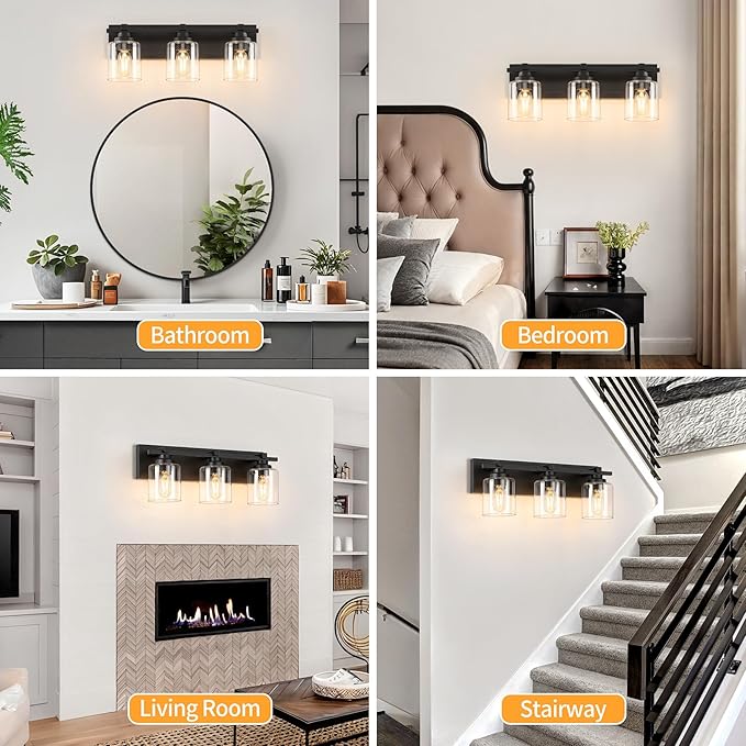 3 Light Modern Bathroom Light Fixtures Over Mirror, Black Vanity Lights for Bathroom Wall Sconces with Clear Glass Shades, E26 Socket (Bulbs Not Included)