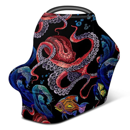 Baby Car Seat Stroller Covers Ocean Octopus Waves Fish Nursing Cover Breastfeeding Scarf Soft Breathable Stretchy Infant Car Canopy Coverage Carseat Cover for Boys and Girls Multi Use