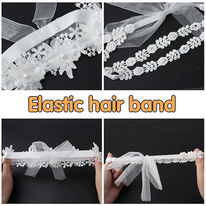 2 Pack 18-20in Elegant White Flower Christening Headbands for Baby Girl, Elastic Soft Lace with Cute Tulle Pearl Hair Strap (Double row of small lace)