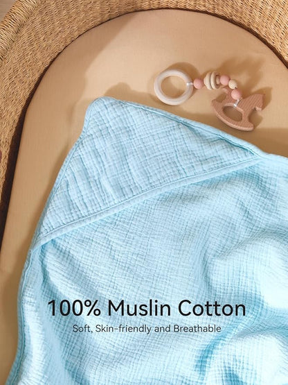 TILLYOU Muslin Hooded Baby Towels for Newborn 2 Pack, 32x32Inch Soft Baby Bath Towel Highly Absorbent for Newborn and Infant, Essential for Newborn Care, Light Pink and Blue