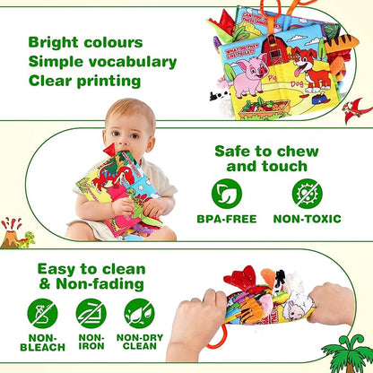 Helsort Soft Baby Books for 0-18 Months, 2PCS Crinkle Cloth Book - Dinosaur and Farm Themes, Tummy Time Toys for Infants 0-6-12-18 Months, Sensory Books for Babies, Ideal Christmas