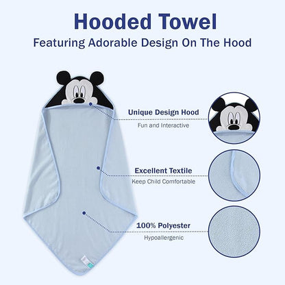 Disney Baby Boys Mickey Mouse Hooded Bath Towel with 3 Washcloths Set for Newborn and Infants