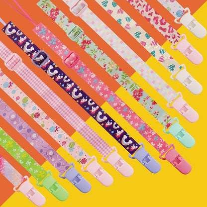 12 Pack Pacifier Clips with Adjustable Strap (32-46.5cm) - Premium Polyester Baby Pacifier Holder Set, Multi-Design Clips for Boys Girls （Multi Color A）
