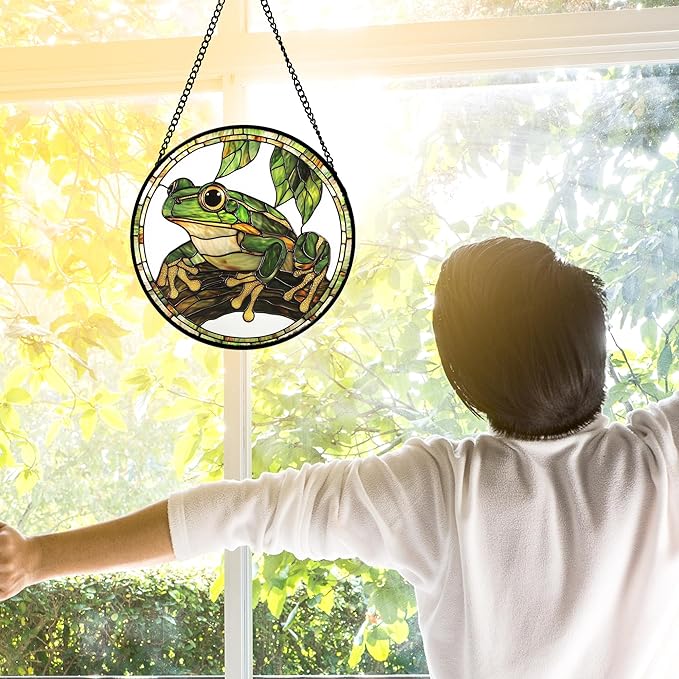 Stained Glass Window Hanging, Frog Green Leaf Sun Catchers Colorful Glass Panel Cool Suncatcher Decor for Birthday for Women, Men, Wife, Aunt, and Mom 6.3 in