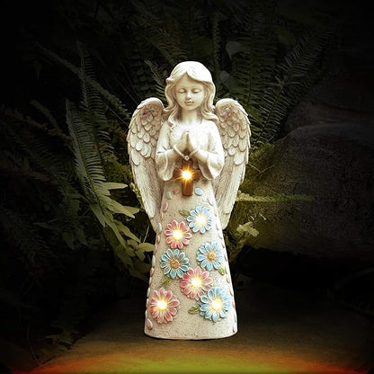 Angel Garden Statue Outdoor Figurine, Solar Powered Garden Sculpture with 6 LEDs Resin Praying Angel Decor for Patio Lawn Yard Porch Decoration Christmas Birthday Housewarming Present 13.2” H