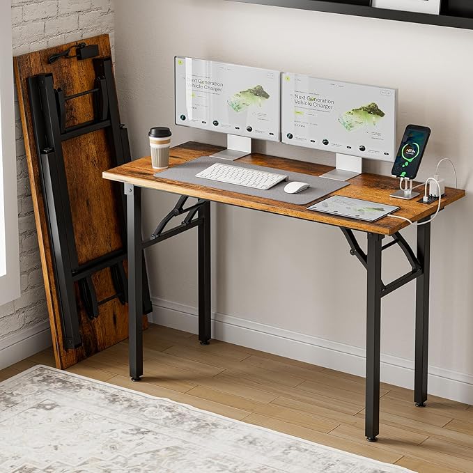Frylr Small Folding Computer Desk – 43.3 Inch Portable Table for Craft and Study, Lightweight Desk for Small Spaces, Foldable Laptop Table Built-in AC/USB Outlets for Convenience, Rustic Brown