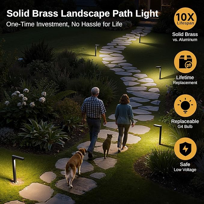 Gardenreet Outdoor Pathway Lights Brass, LED Landscape Path Lights, Low Voltage Driveway Lights Waterproof, L Shape 12V Wired Black for Walkway Sidewalk with 3W 270LM 2700K G4 Bulb 6 Pack