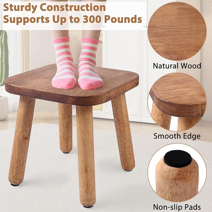 9.3 Inch Wooden Step Stool for Adults and Toddlers, Portable & Sturdy, Plant Stool with Four Detachable and Assembled Legs for Playroom, Kitchen, Bedroom, Bathtub-Walnut