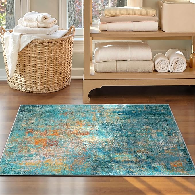 Washable Area Rugs 3'x5' Non-Slip Modern Abstract Soft for Living Room Entryway Bedroom Nursery, Print Pattern, Teal Blue Green Orange Rust Red Colorful