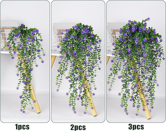 RECUTMS Vine Plant Fake Ferns Plants Large Faux Artificial Hanging Plants Wall Plants Artificial Hanging Plants Outdoors Fake Hanging Plant Greenery Vine for Outdoor Plants Decor 3 Pcs(Purple)
