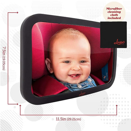 Lusso Gear Baby Car Mirror - Shatter-Resistant Glass & Stable Rear-Facing Headrest Mount - Wide-Angle Baby Mirror for Car Backseat View - Auto Essentials for Babies - 11.5 in, Black