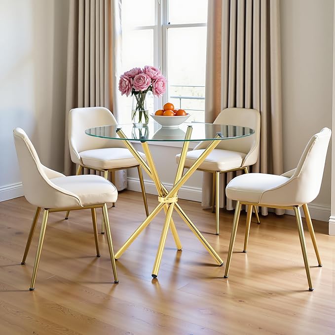 Kitchen Table for 2 Modern 36.6" Round Glass Table Small Tables with Trestle Metal Leg for Living Room and Apartment, Gold