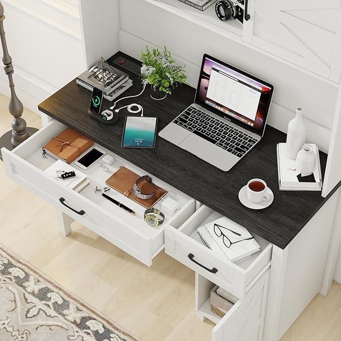 Farmhouse 47" Executive Desk, Computer Desk with Drawers and Storage Cabinet, Home Office Desks with Hutch and Charging Station, Workspace for Work & Study (Black).