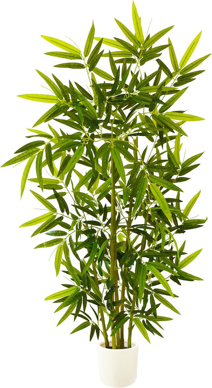 Artificial Bamboo Tree, 5ft Tall Fake Bamboo Plant with White Planter, Faux Trees with 5 Trunks and Lifelike Leaves for Indoor Outdoor Home Office Décor
