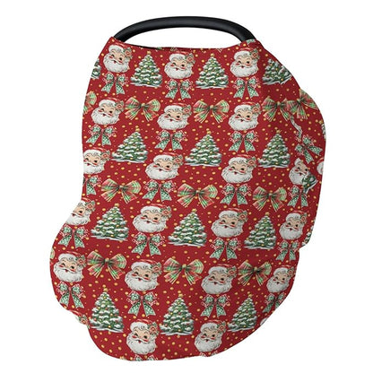 Christmas Santa Trees Car Seats Cover for Babies Santa Claus Red Green Bows Stretchy 5-in-1 Cover Adjustable Car Canopy Cover Winter Holiday Breathable Nursing Cover-Up