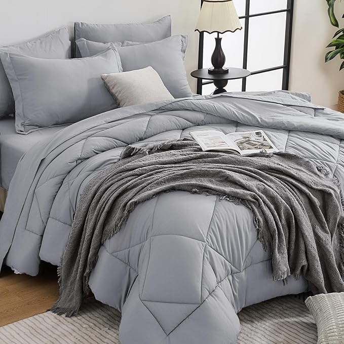HEVUMYI Light Grey Full Comforter Set - 7-Piece All Season Bed in a Bag Full, Ultra Soft Bedding Set with Comforter, Flat Sheet, Fitted Sheet, Pillowcases, Pillow Shams, Light Gray